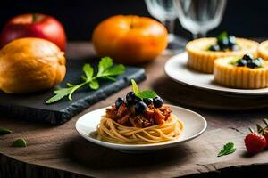 spaghetti with meatballs and fruit on a wooden table. AI-Generated photo