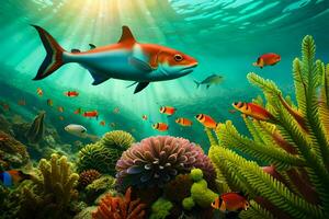 fish swimming in the ocean with coral reefs and fish. AI-Generated photo