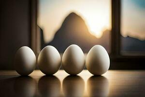 four eggs are lined up in front of a window. AI-Generated photo