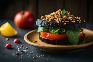 a sandwich with tomatoes, lettuce and nuts on a wooden plate. AI-Generated photo