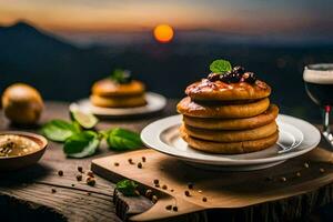 pancakes on a plate with a glass of beer. AI-Generated photo