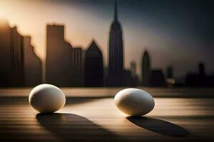 two eggs on a table in front of a city skyline. AI-Generated photo