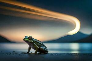 a frog sitting on the ground with a long streak of light behind it. AI-Generated photo