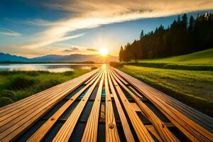 a wooden bridge over a lake at sunset. AI-Generated photo