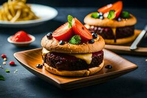 dos hamburguesas con fresas y queso en a ellos. generado por ai foto