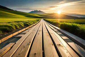 a wooden walkway leads to the sun. AI-Generated photo