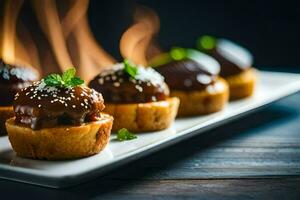 small desserts on a white plate with flames. AI-Generated photo