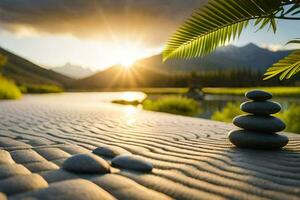 zen garden with stones and palm tree in the background. AI-Generated photo