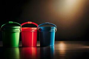 three colorful buckets on a dark surface. AI-Generated photo