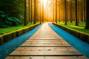 a wooden path leads to the sun in the forest. AI-Generated photo