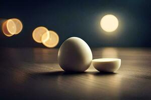 two eggs sit on a table with a light in the background. AI-Generated photo