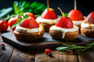 small cakes with strawberries and cream on a wooden board. AI-Generated photo