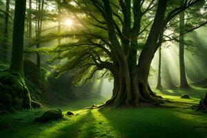 a forest with trees and sunbeams. AI-Generated photo