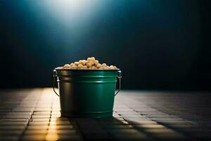 a bucket filled with peanuts on a tiled floor. AI-Generated photo