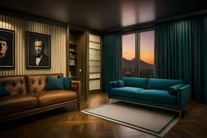 un vivo habitación con un azul sofá y dos pinturas generado por ai foto