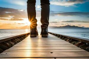 a person walking on a wooden bridge over the ocean. AI-Generated photo