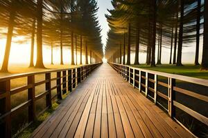 a long wooden walkway in the middle of a forest. AI-Generated photo