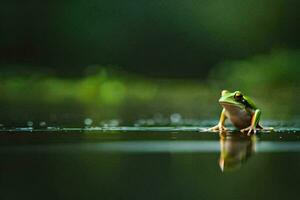 a frog sitting on the edge of a pond. AI-Generated photo