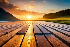 sunset over a wooden boardwalk. AI-Generated photo