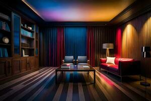 un habitación con un rojo sofá y un de madera pared. generado por ai foto