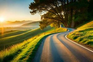 a winding road in the countryside at sunset. AI-Generated photo