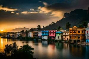 foto fondo de pantalla el cielo, agua, montañas, India, el sol, el montañas, Indiana. generado por ai