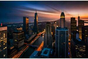 el ciudad horizonte a puesta de sol en chicago generado por ai foto