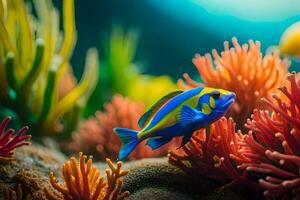 a blue and yellow fish in an underwater coral reef. AI-Generated photo
