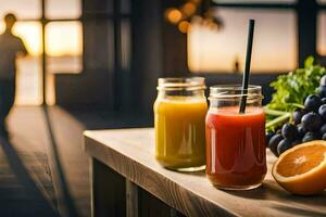 jugo y Fruta en un mesa con un hombre en el antecedentes. generado por ai foto