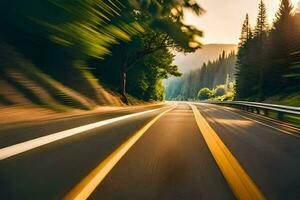 a blurry image of a road with trees and a car. AI-Generated photo