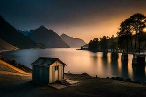 a small hut sits on the shore of a lake at sunset. AI-Generated photo