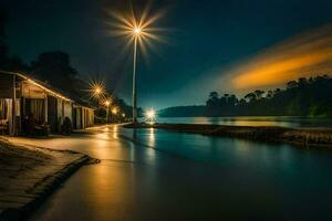 un largo exposición fotografía de un calle ligero en el lado de un río. generado por ai foto