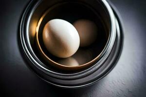 two eggs in a tin on a dark background. AI-Generated photo