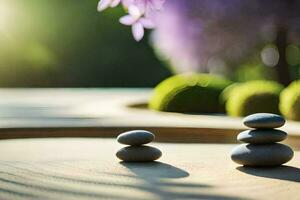 zen garden with stones and purple flowers. AI-Generated photo