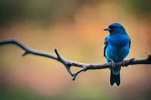 a blue bird sits on a branch in front of a blurry background. AI-Generated photo