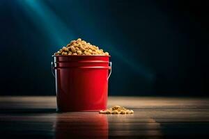 a red bucket filled with peanuts on a wooden table. AI-Generated photo