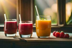 Tres lentes de jugo sentar en un mesa. generado por ai foto