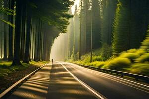 a road in the forest with trees and sun. AI-Generated photo