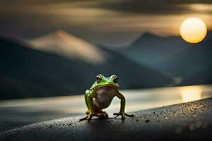a frog sitting on the ground in front of a lake. AI-Generated photo