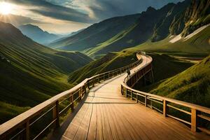 a wooden walkway leads to a mountain range. AI-Generated photo