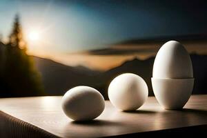 Tres huevos sentar en un mesa con un montaña en el antecedentes. generado por ai foto