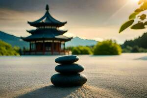 a stack of stones in front of a pagoda. AI-Generated photo