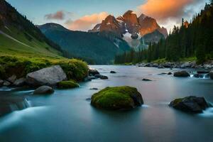 un río fluye mediante un montaña Valle a puesta de sol. generado por ai foto