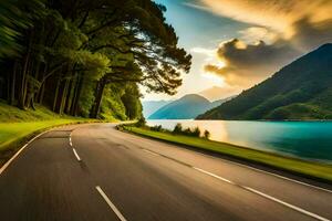a scenic road with trees and mountains in the background. AI-Generated photo