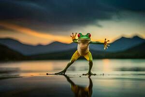 a frog standing on its hind legs in the water. AI-Generated photo