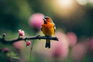 un pájaro es sentado en un rama con flores en el antecedentes. generado por ai foto