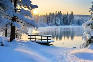 a bench sits in the snow next to a lake. AI-Generated photo