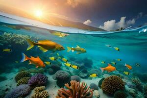 the sun shines over a coral reef with fish swimming in the water. AI-Generated photo