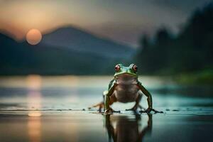 un rana es en pie en el apuntalar de un lago a puesta de sol. generado por ai foto