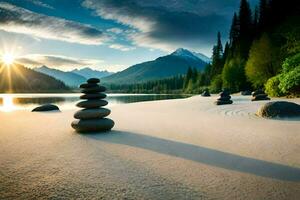 a stack of rocks on the beach in front of a lake. AI-Generated photo